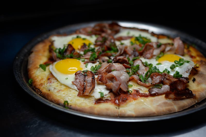 Breakfast Ranch Pizza with egg and bacon